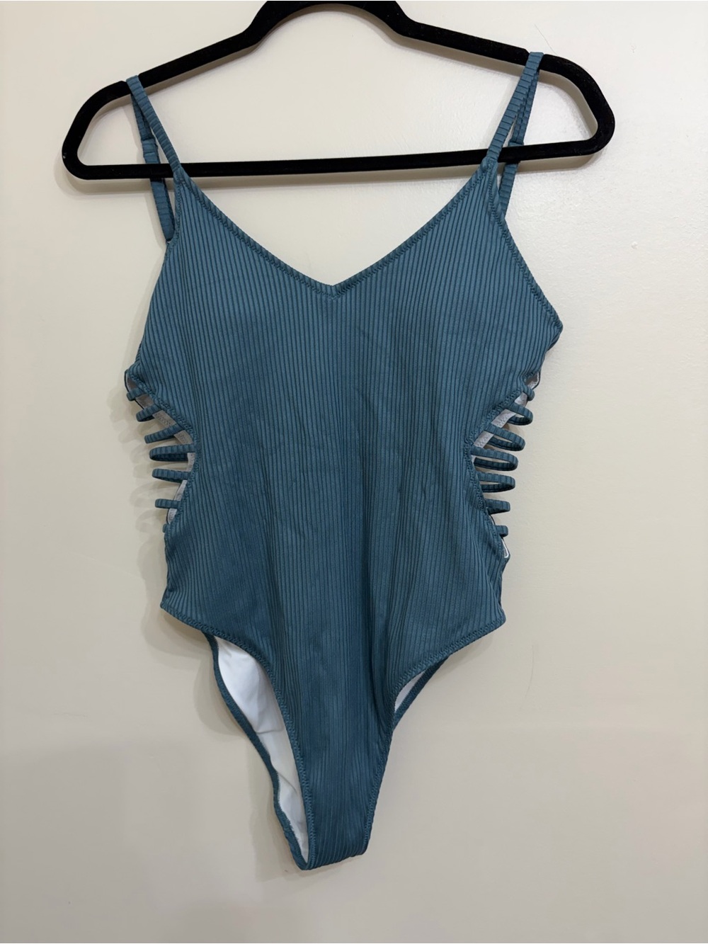 PINK Victoria's Secret Dusty Blue Ribbed One-Piece with Side Strappy Cutouts